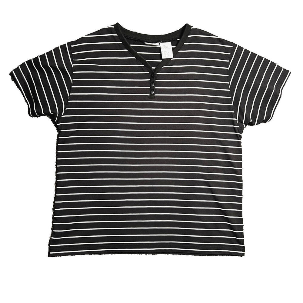 Basic Editions Women's Striped B&W Button Collar Tee